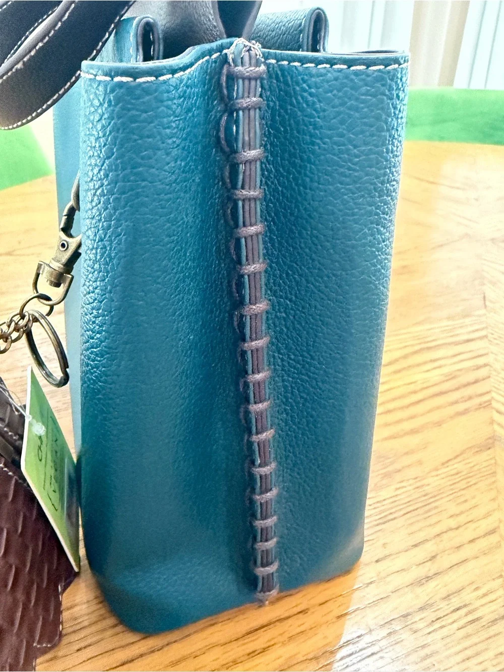 Chala Teal and Brown Leather Top-Handle Bag and Peacock Charm Purse